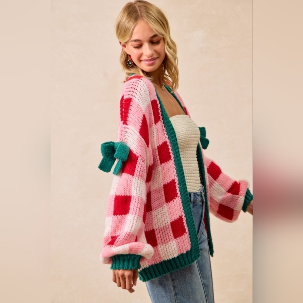 *TRENDING* BiBi Checkered Plaid Oversized Chunky Cardigan Holiday Christmas - Picture 2 of 4